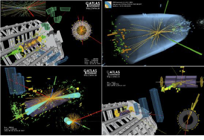 Visual representations of the ATLAS and CMS experiments searching for the Higgs boson, CERN 2012 and 2013